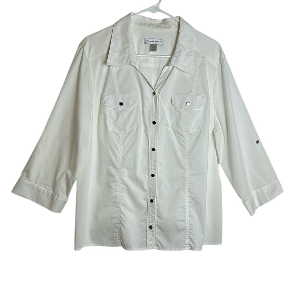 Christopher & Banks Size XL White Cotton/Poly Button Down Roll Tab Shirt